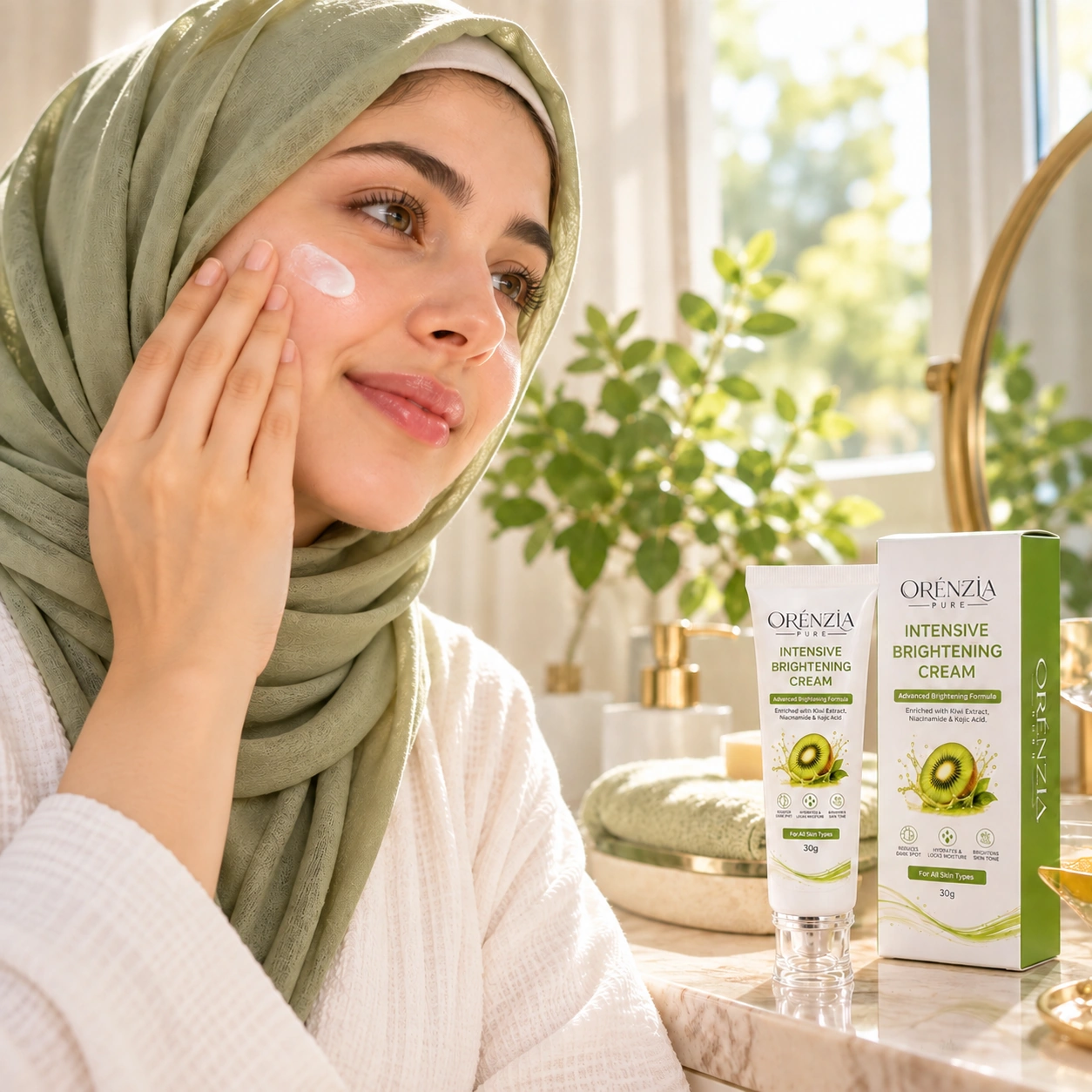 Massaging in a pea-sized amount of Orenzia Pure Intensive Brightening Cream
