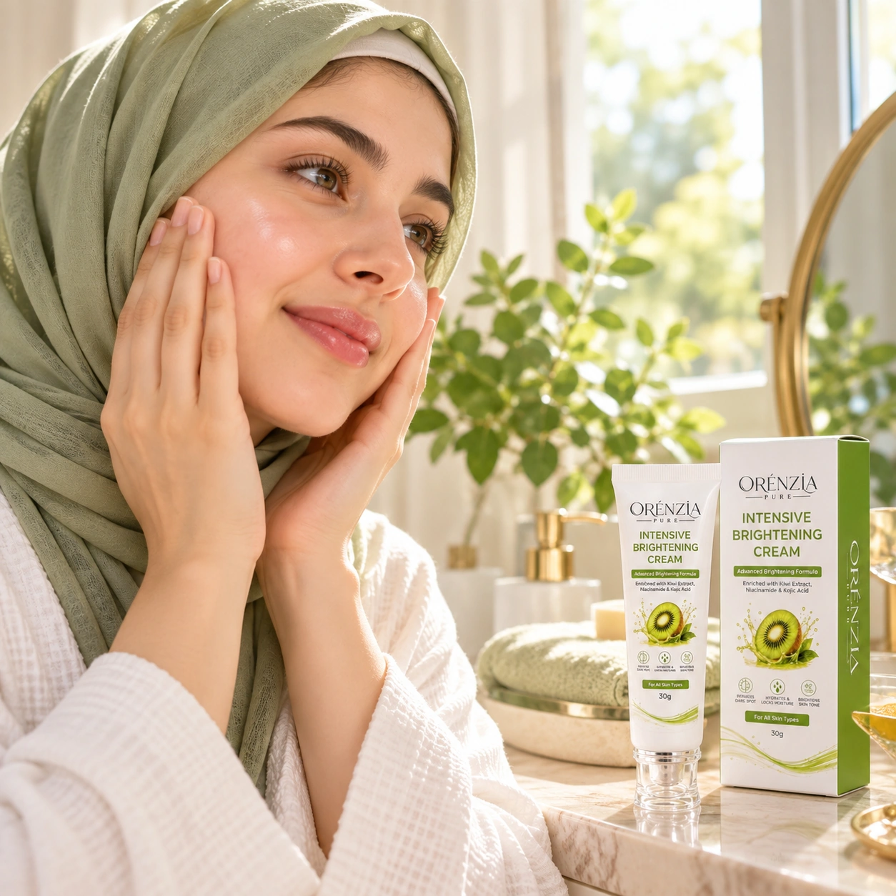 Finishing the morning routine with sunscreen over Orenzia Pure Intensive Brightening Cream