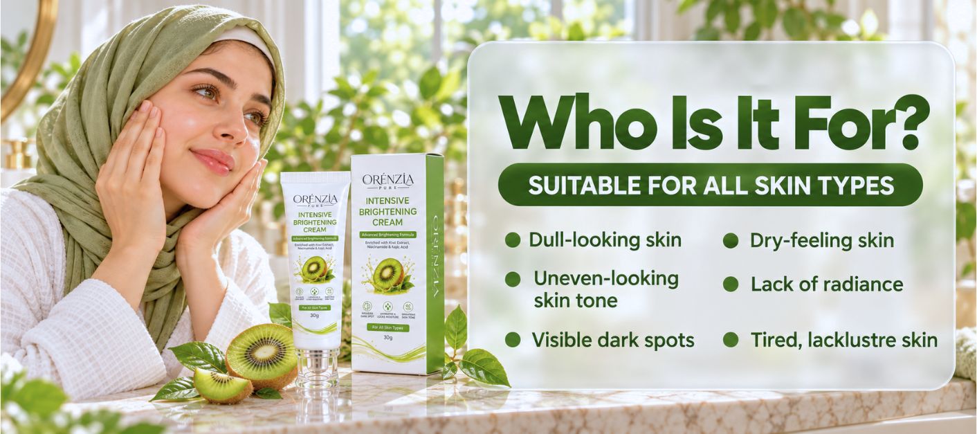 Orenzia Pure Brightening Cream suitable for all skin types, for dull looking skin, uneven tone, dark spots and dehydrated skin