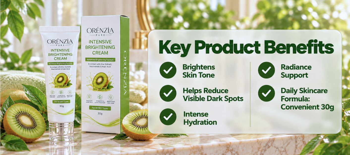 Orenzia Pure Brightening Cream benefits: brightens skin tone, reduces dark spots, hydrates and supports radiance, 30g daily formula