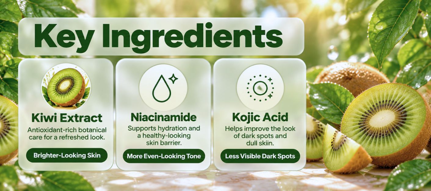Key ingredients in Orenzia Pure Brightening Cream: Kiwi Extract, Niacinamide and Kojic Acid for brighter, more even looking skin